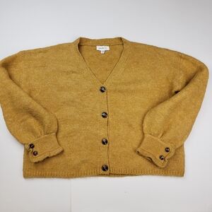 Mable Mustard Button-Up Puff Sleeve Cardigan Sweater